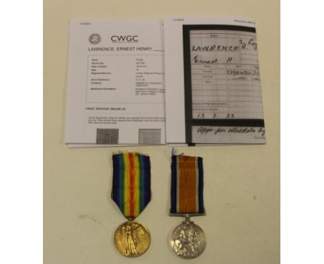 BWM & Victory Medal to GS-67246 Pte E H Lawrence 2-London R. Died 18/10/1917. Lived Feltham Hill Rd, Ashford. Buried Wimereux