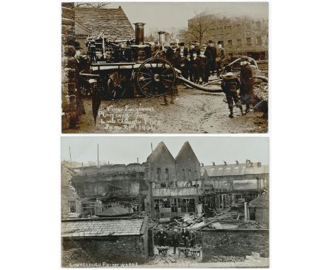 Fire engine at Loveclough print works fire 1906 & the ruins after R/P's  (2)