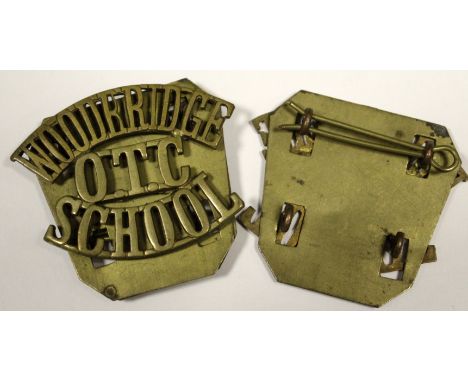 Woodbridge OTC school Officer Cadet pair of brass shoulder titles with backing plates, scarce item  