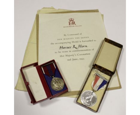 ERII Coronation medals in boxes with award scroll and addressed envelope to Horace R Horn from Wembley   