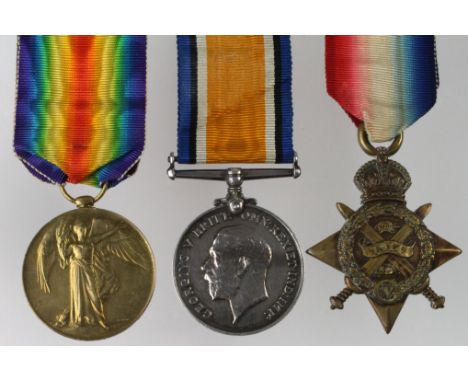 1914 Star Trio to 8798 Pte S E Taylor 5/D.Gds. (D-8798 on pair).  Taylors Medal card shows that he was issued a 1915 Star, ho