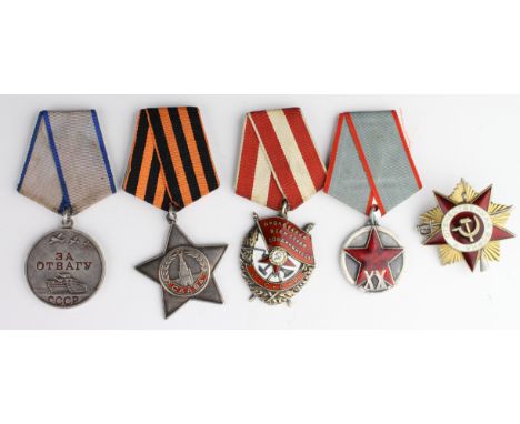 Soviet Medals - Medal for Bravery No 2663545, Order of Red Banner No 421318, Order of Glory 3rd Class No 566600, 20th Anniver