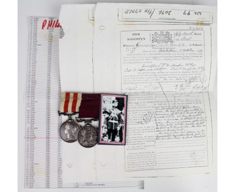 Indian Mutiny Medal (no bar) impressed '3482 Dxxxxmr J Phillips H.M's 54th Rxxx', and Army LSGC Medal impressed '3428 Drum Ma