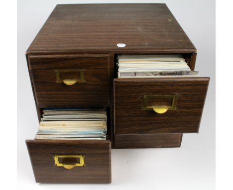 Wooden 4 drawer postcard file cabinet housing collection of modern cards, many cats noted (quantity)    BUYER COLLECTS