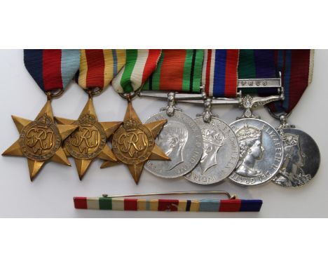 Group mounted as worn - 1939-45 Star, Africa Star + '8' to ribbon, Italy Star, Defence & War Medals, GSM QE2 with Cyprus clas