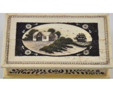 A Scrimshaw style engraved bone effect snuff box decorated with a galleon at anchor, W. 11 cm