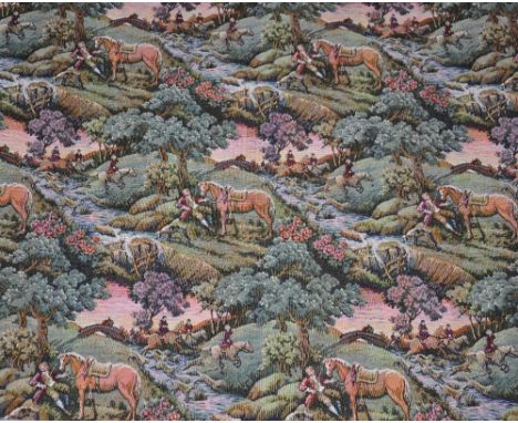 A roll of heavy fabric, machine-woven with extensive hunting scenes
