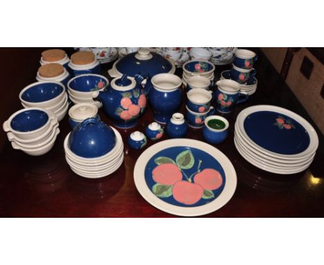 An extensive 20th century Irish Bandon pottery tea & dinner service, peach pattern on blue glazed body
