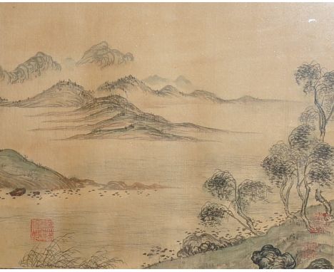 A Chinese silk landscape painting, 27 x 35cm, together with a 19th Century hand-coloured print, View of Exeter, from the Hill