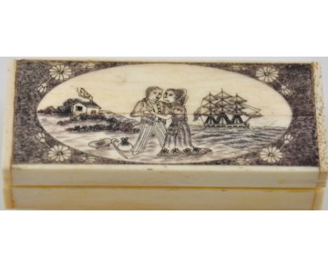 A Scrimshaw style rectangular bone effect snuff box engraved with The Sailor's Farewell