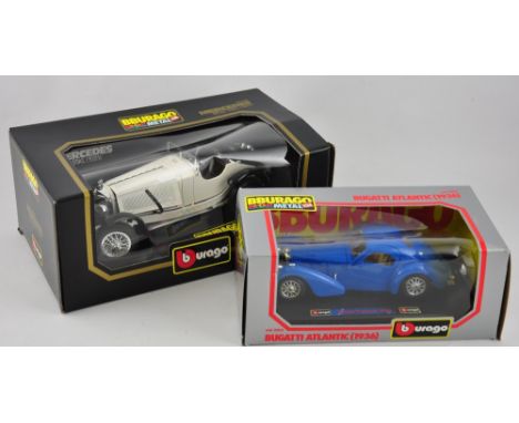 Two boxed Burago vehicles, Bugatti Atlantic 1936 and Mercedes Benz SSKL 1931