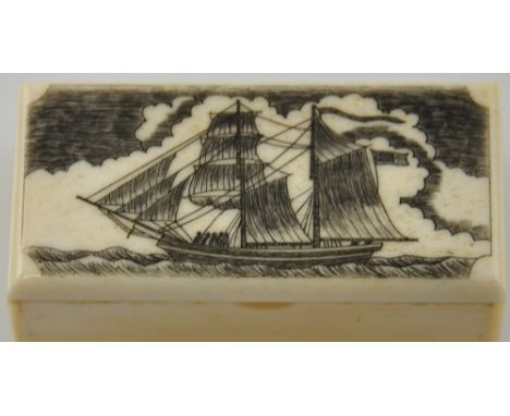 A Scrimshaw style rectangular bone effect snuff box engraved with a naval frigate