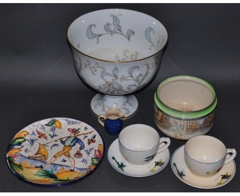 A large Italian glazed ceramic bowl with pale blue and gilt foliate decoration on a white ground, on separate foot , H. 30cm,
