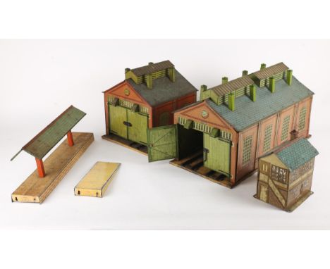 Hornby O Gauge lineside buildings. No. 1 engine shed, aged and play-worn; E2 engine shed, fully detailed doors, cream base, s