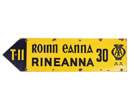 Irish aviation history. Mid-20th century, Automobile Association yellow enamel finger road sign for Rineanna, Co. Clare. A tw