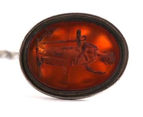 Victorian silver fob chain with intaglio-carved carnelian seal of a robed woman before an anchor, Birmingham, 1899, George Ed