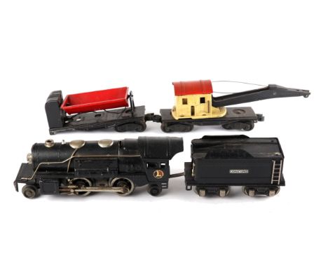 Lionel O gauge, electric, sheet steel, 2-4-2 locomotive and tender; Lionel Lines RN 259E; together with metal crane truck and