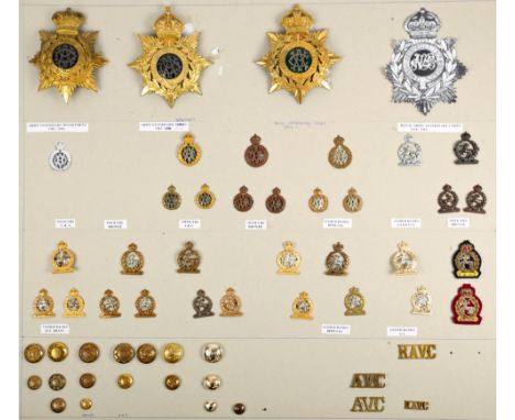 Army Veterinary Department and Army Veterinary Corps, 1881-2000. A collection of helmet plates, cap and collar badges, button