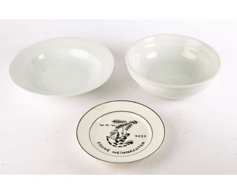 1933-45 Germany, ceramic bowls. A white stoneware bowl by Bauscher, Weiden with underglaze swastika; a white stoneware bowl b