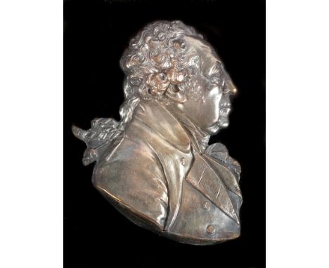 Peter Wyon (1767-1822) white metal relief portrait bust of Matthew Boulton, signed to base 'P. Wyon', mounted on black backgr