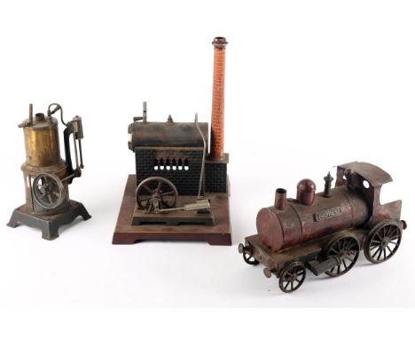 Live steam collection. A Lehmann stationary steam engine together with an early 20th century British 3½" 2-2-2 live steam loc