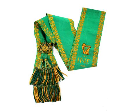 Irish National Foresters sash. A green poplin sash, the borders embroidered with gold shamrock and emblazoned with a harp and