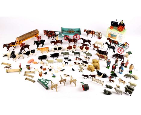 A Britains No. 127F model farm series Fordson Major tractor fitted with spudded wheels, in card box with driver figure; toget
