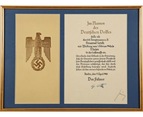 Hermann Goering (1893-1946) autograph signature. German Luftwaffe promotion document, 17 April, 1940, folio cream paper print