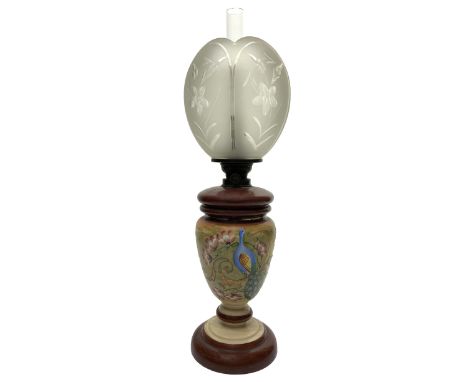 Oil lamp with peacocks decorations and floral carvings glass cup, XX century. H 56 cm.  