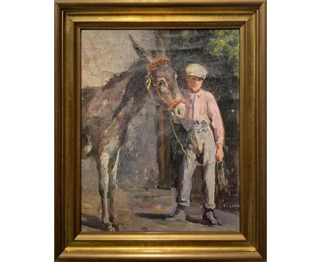 Oil paint on canvas depicting boy with donkey, Alessandro Abate (Catania, 1867 - Catania, 1953). Signed and dated 1911 on the