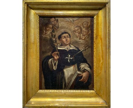 Oil paint on canvas depicting St. Aloysius Gonzaga with palms and dagger accompanied by angels, late eighteenth century. Cm 3