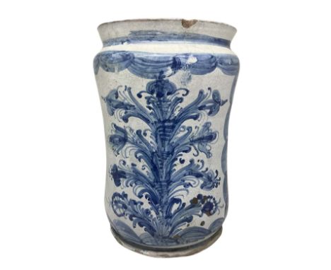 Cylinder in Savona white tile with floral decoration in shades of blue. H 25 cm Base cm 15. Small chipping in the mouth.