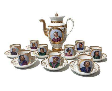Porcelain Coffee service depicting illustrious men in a medallion, gold mercury decoration, late nineteenth century. Consisti
