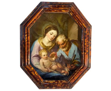 Oil paint on octagonal copper (hand reversed), depicting the Holy Family of cherries. Mid-seventeenth century, Allegedly by E