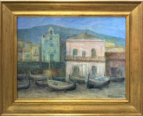 Oil paint on panel depicting boats in Acitrezza, XX century. Cm 40x50. Signed M. Torrisi Gaia, on the bottom right.