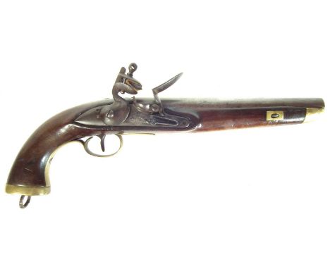 Belgian flintlock holster pistol, 9 inch .700 calibre barrel, stock fitted with brass furniture and steel lanyard ring.Sectio