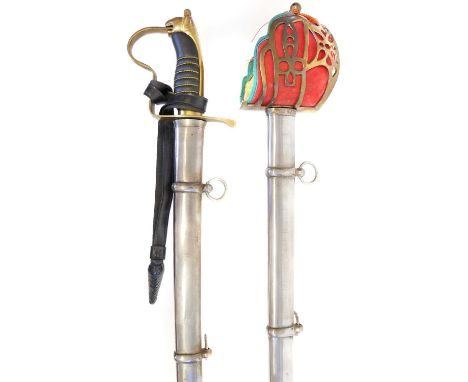 20th century reproduction Scottish basket hilted backsword and scabbard together with a replica cavalry sword and scabbard.10