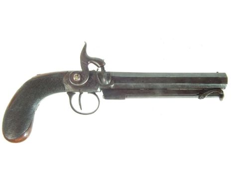 Percussion pocket pistol, 5.5 inch 40 bore octagonal barrel with swivel ramrod, the action with brass side plate engraved wit