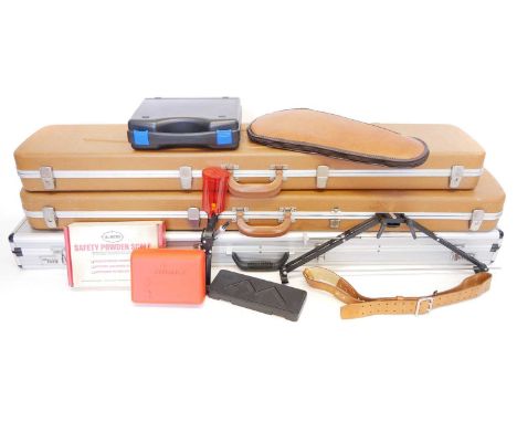 Range accessories, and reloading equipment, including rifle bipod, pair of 'Winner' shooting frames, three hard cases, Hawke 