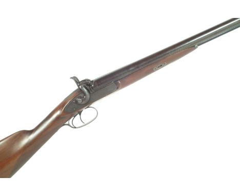 Percussion double barrel 14 bore shotgun by R. Watmough (of Manchester), 30 inch barrels, scroll engraved actions bearing fai