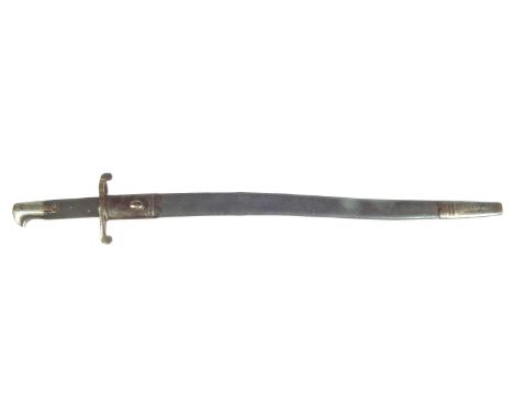 1858 pattern volunteer Yataghan sword bayonet and scabbard, the pommel having a short mortice slot and is stamped with a nume