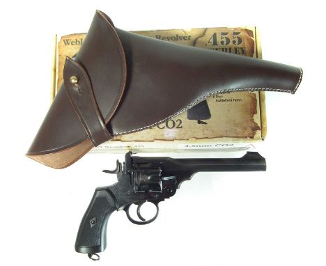 Webley 4.5mm CO2 air pistol revolver, modelled around a Mk VI battle field worn service revolver, with box, reproduction leat