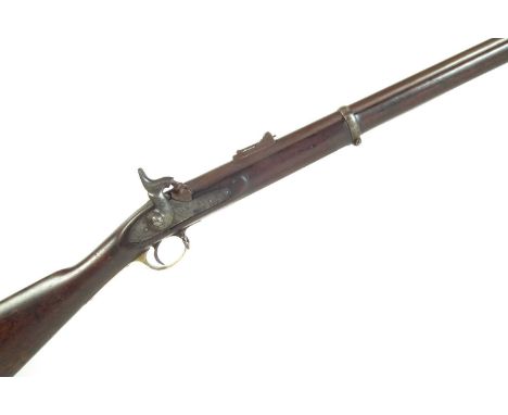 Enfield P53 percussion three band rifle, the 39 inch .650 barrel now smooth bored and fitted with folding ladder sight, Crown