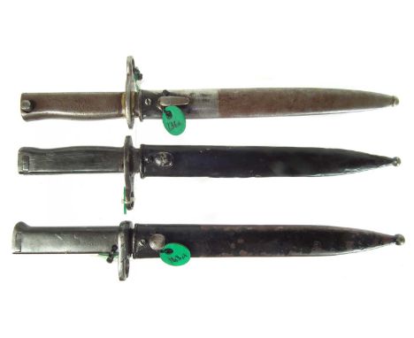 Three Turkish Ersatz bayonets and scabbards to includeThe first of Turkish manufacture with muzzle ring diameter of 15.6mm ma