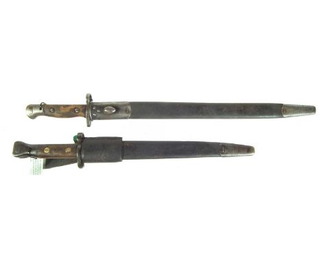 Two British bayonets and scabbards, to include: Pattern 1907 by Sanderson, the scabbard marked with inscribed letters JMR, Br