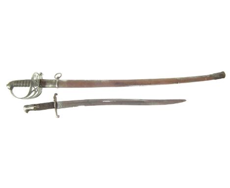 1827/45 pattern Rifle volunteers sword and scabbard, with etched blade and fish skin grip, together with an Enfield P53 bayon