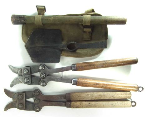 Two British WW1 Chater Lea Ltd 1917 wire cutters, also a Hillington broad arrow stamped shovel with webbing cover.