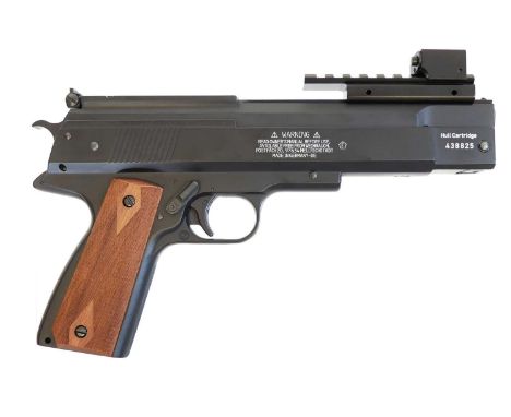 Weihrauch HW45 .22 air pistol, 9 inch barrel, chequered wood grips, serial number 438825, fitted with fibre iron sights and a