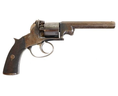 Bentley type .120 percussion revolver, 5 inch barrel with loading lever, five shot cylinder, spring half cock catch, chequere