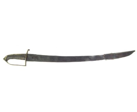 Short sword with leather scabbard, slightly curved fullered blade etched with MK below a crown. 74cm long 